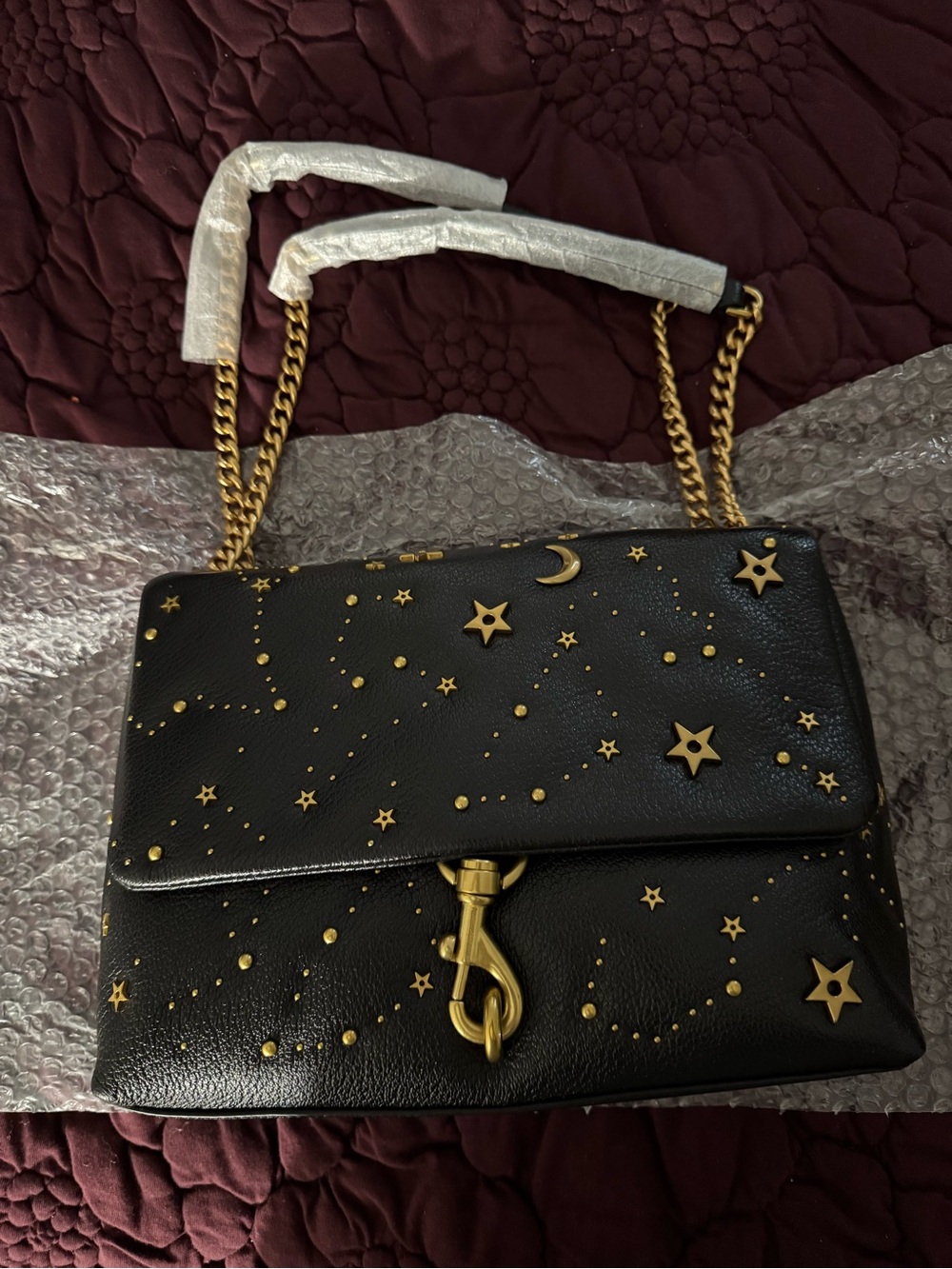 Rebecca Minkoff Black Shoulder Bag with Gold Star & Moon Studs